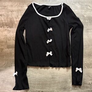 SHEIN Black Blouse with White Bow Details
